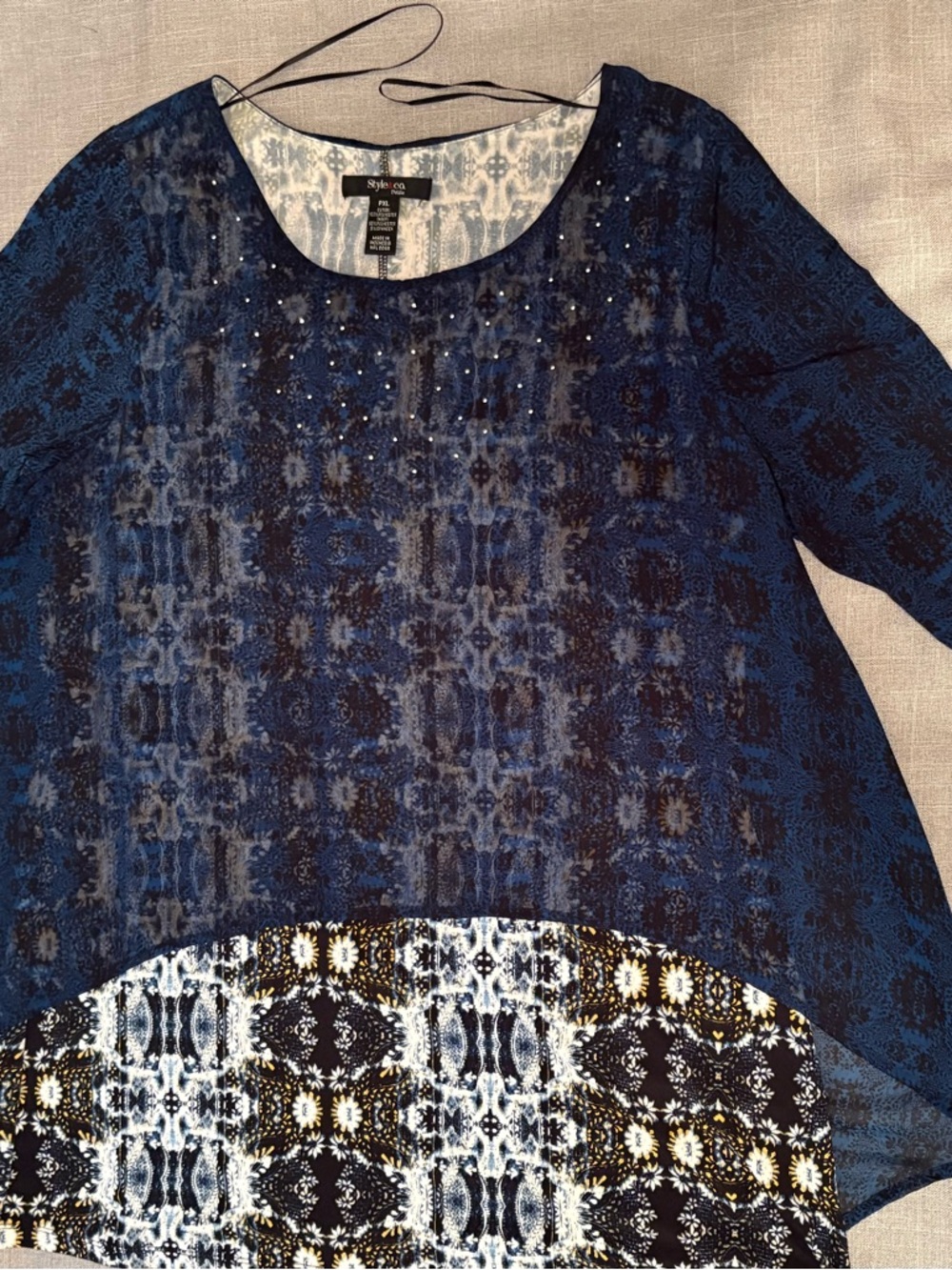 Style & Co. Women's Navy Blue Patterned Scoop Neck Tunic with Stud Accents